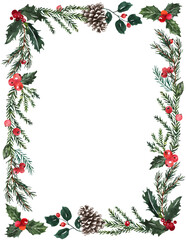 Rectangle Christmas frame made of winter greenery, leaves, holly, and pine cone. Watercolor botanical border.