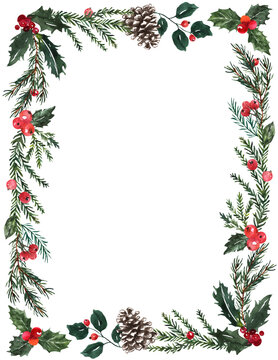 Rectangle Christmas frame made of winter greenery, leaves, holly, and pine cone. Watercolor botanical border.