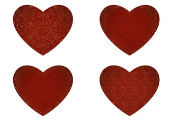 Set of 4 heart shaped valentine's cards. 2 with pattern, 2 with copy space. Deep red background and gold glittery pattern on it. Cloth texture. Hearts size about 8x7 inch / 21x18 cm (p07-1bc)