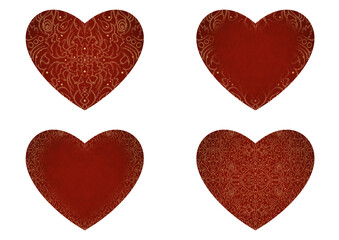 Set of 4 heart shaped valentine's cards. 2 with pattern, 2 with copy space. Deep red background and gold glittery pattern on it. Cloth texture. Hearts size about 8x7 inch / 21x18 cm (p07-2ab)