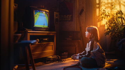 Nostalgic Retro Childhood Concept. Little Girl Watches a Tennis Match on TV in Her Room with Dated...