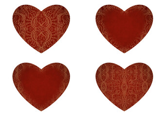 Set of 4 heart shaped valentine's cards. 2 with pattern, 2 with copy space. Deep red background and gold glittery pattern on it. Cloth texture. Hearts size about 8x7 inch / 21x18 cm (p09ab)