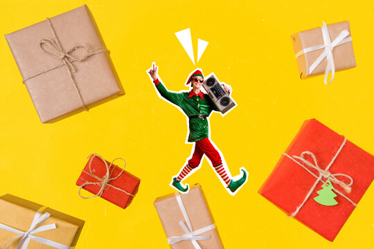 Collage picture of young excited cool man wear green elf costume hold boombox showing v-sign enjoy xmas gifts isolated on yellow color background
