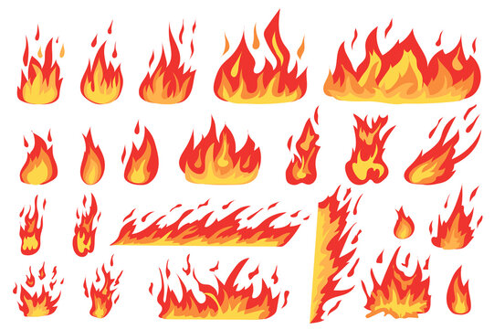 Burning fires set in cartoon design. Bundle of different types of flame effects in red and orange colors, flaming fireballs, wildfire border, bonfire other isolated flat elements. Illustration