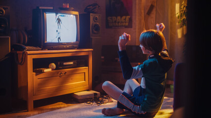 Obraz na płótnie Canvas Nostalgic Retro Childhood Concept. Young Boy Watches Hockey Match on TV in His Stylish Room with Dated Interior. Supporting Favorite Team and Getting Excited When Professional Players Score a Goal.