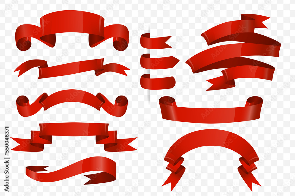 Poster red ribbons and labels set in cartoon design. bundle of empty banners for sales and discounts, shiny