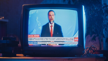 Close Up Footage of an old TV Set Screen with Breaking News Report. Handsome Middle Aged Anchorman...