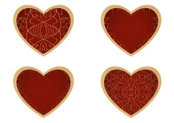 Fototapeta na wymiar Set of 4 heart shaped valentine's cards. 2 with pattern, 2 with copy space. Deep red background and gold glittery pattern on it. Cloth texture. Hearts size about 8x7 inch / 21x18 cm (p02-1ab)