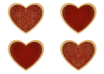 Set of 4 heart shaped valentine's cards. 2 with pattern, 2 with copy space. Deep red background and gold glittery pattern on it. Cloth texture. Hearts size about 8x7 inch / 21x18 cm (p01ab)