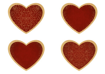 Set of 4 heart shaped valentine's cards. 2 with pattern, 2 with copy space. Deep red background and gold glittery pattern on it. Cloth texture. Hearts size about 8x7 inch / 21x18 cm (p07-2ab)