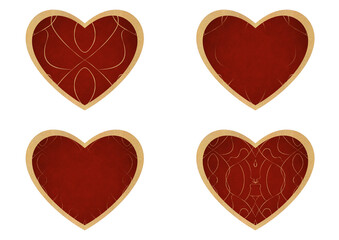 Set of 4 heart shaped valentine's cards. 2 with pattern, 2 with copy space. Deep red background and gold glittery pattern on it. Cloth texture. Hearts size about 8x7 inch / 21x18 cm (p08-1ab)