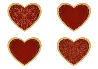 Set of 4 heart shaped valentine's cards. 2 with pattern, 2 with copy space. Deep red background and gold glittery pattern on it. Cloth texture. Hearts size about 8x7 inch / 21x18 cm (p08-2ab)