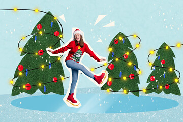 Collage photo poster of young excited dancing girl wear red ugly sweater enjoy ice rink skating...