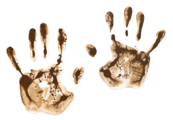  Hand print in wet mud isolated on white, with clipping path