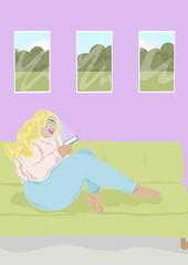 Obraz na płótnie Canvas Woman using her phone on sofa