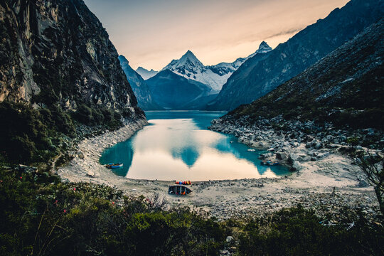 Blue Peaceful Lake Snow Peak Mountain, Laguna Paron, Huaraz Peru Pristine Unpolluted Landscape of Mother Earth