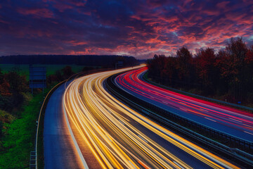 Langzeitbelichtung - Autobahn - Strasse - Traffic - Travel - Background - Line - Ecology - Highway - Night Traffic - Long Exposure - Cars Speeding - Lights - Sunset - High quality photo