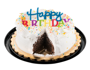 Happy birthday sign on white iced cake