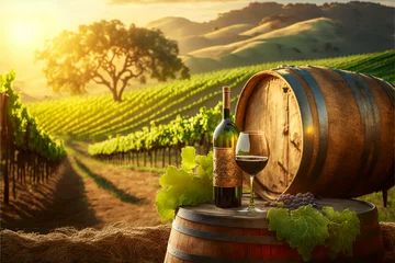 Gartenposter Illustration of wine bottle and glass of wine in vineyard © Mikolaj Niemczewski