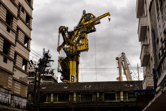 Vitoria, Brazil - August 14, 2022: Heavy duty crane of Skandi Acu vessel moored at Espirito Santo state capital port.