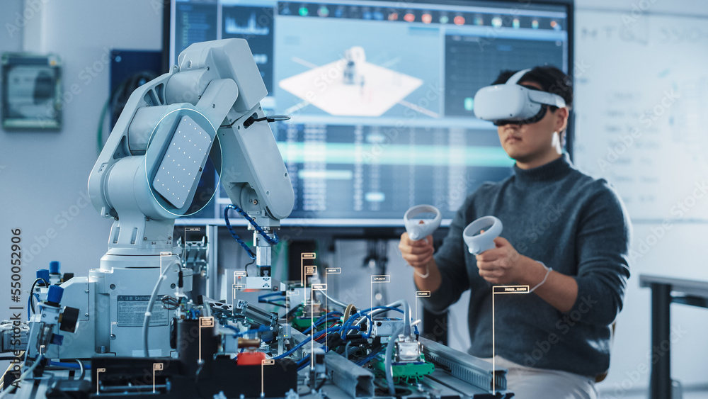 Poster Computer Science Engineer in Virtual Reality Headset Using Controllers and Operating Robot Arm Under his Control. VFX Augmented Reality Icons Demonstrate Innovative Technologies Concept.