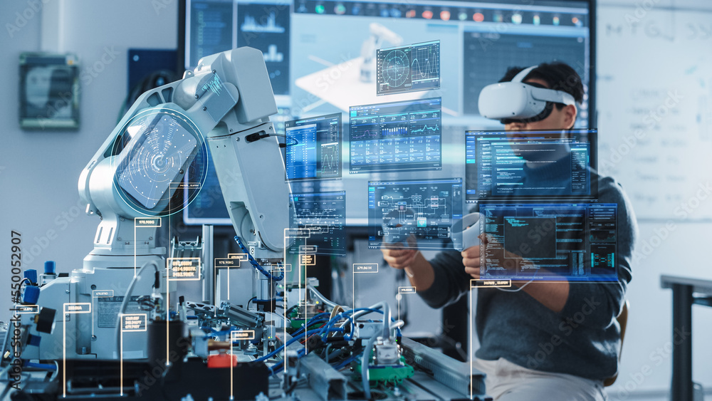 Poster Computer Science Engineer in Virtual Reality Headset Using Controllers and Operating Robot Arm Under his Control. VFX Augmented Reality Interfaces and Icons Demonstrate Innovative Technologies.