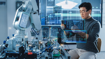 Computer Science Development Engineer Using Tablet Computer to Program and Operate a Robot Arm. VFX...