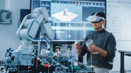 Computer Science Engineer in Virtual Reality Headset Using Controllers and Operating Robot Arm...