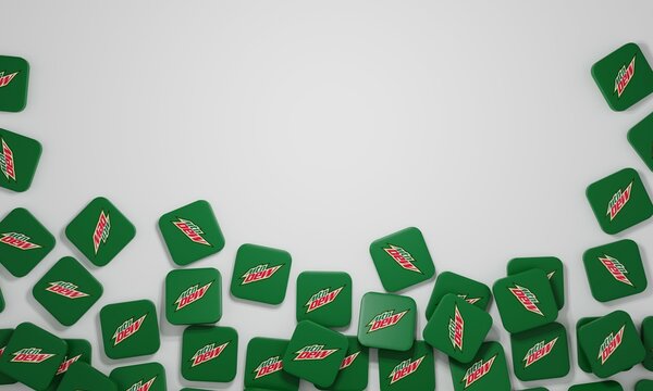 Melitopol, Ukraine - November 21, 2022: Mountain Dew or MTN DEW logo icon isolated on color background. Mountain Dew is a carbonated soft drink brand produced and owned by PepsiCo