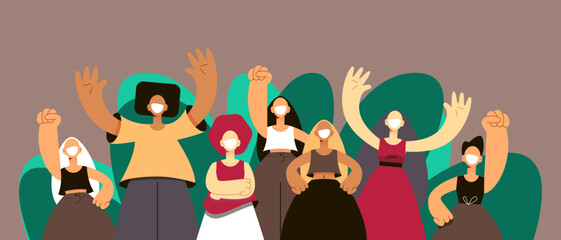 youth movement, gathering of different people, holiday, event, men and women stand side by side together, friendly greeting of social group of people, simple minimalist characters art