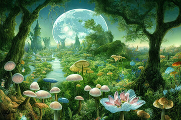 Obraz na płótnie Canvas fantastic wonderland landscape with mushrooms, lilies flowers, morpho butterflies and moon. illustration to the fairy tale Alice in Wonderland