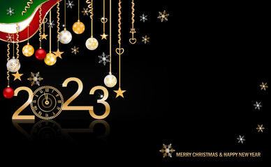 Happy New Year 2023 with Luxury Clock New Year Shining background with gold clock.