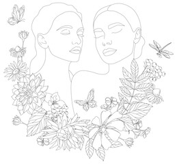 Two female faces in the style of one line art with flowers and leaves. Continuous linear art in an elegant style for prints, tattoos, posters, textiles, postcards.