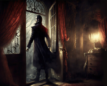 AI generated image of a scary vampire entering the bedroom of one of his victims. Count Dracula.