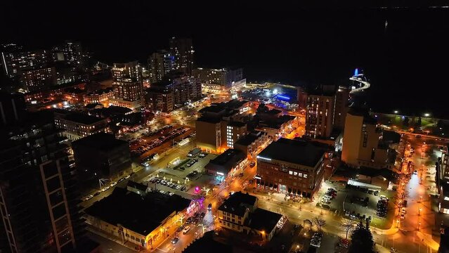 Aerial view of a downtown of Burlington at night in Ontario