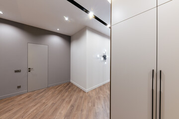 bright and stylish interior design of the corridor with a dark floor and a light cabinet