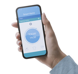 PNG file no background Woman controlling her washing machine from her phone