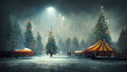 christmas circus at night, frozen ice, digital illustration, created with generative ai