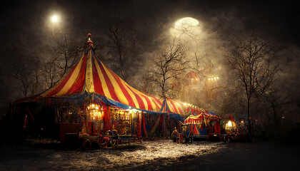 christmas circus in a chilly winter night, digital illustration, created with generative ai - obrazy, fototapety, plakaty