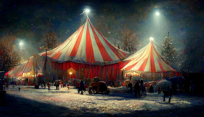 circus tents in a cold christmas night, digital illustration, created with generative ai - obrazy, fototapety, plakaty