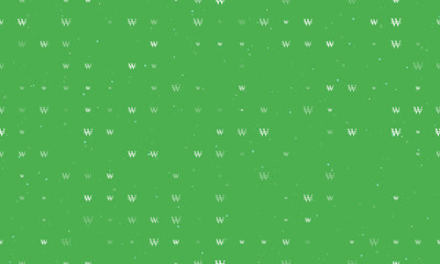 Seamless background pattern of evenly spaced white Korean won signs of different sizes and opacity. Vector illustration on green background with stars