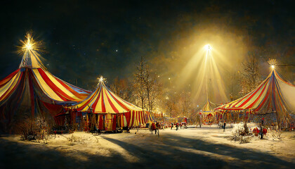 golden lights over a circus at a winter christmas night, digital illustration, created with generative ai