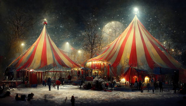 cozy christmas circus tents in a winter night, digital illustration, created with generative ai