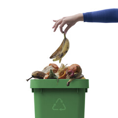 PNG file no background Woman putting organic waste in the recycling bin