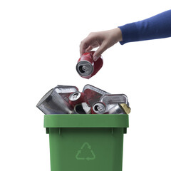 PNG file no background Woman throwing a can in the recycling bin