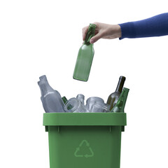 PNG file no background Woman putting a glass bottle in the trash bin