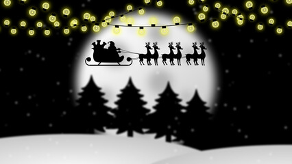 Santa Claus, deer's and Moon on night time background