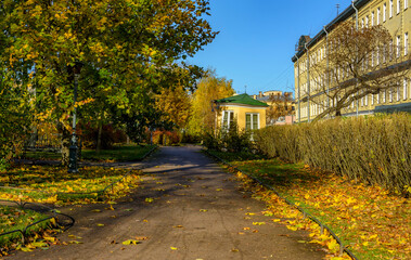 Fototapeta na wymiar Walk through the Polish Garden at the Derzhavin estate on the embankment of the Fontanka River in St. Petersburg.