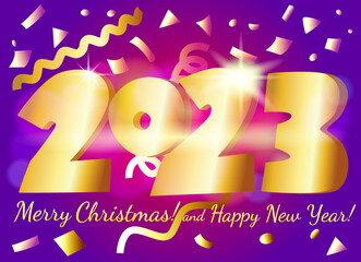 Golden numbers 2023 with confetti on a purple background. Stock vector illustration for Christmas and New Year.