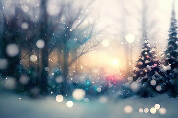 Christmas Bokeh Background. Christmas tree with lights in snow